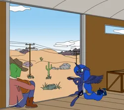 Size: 1812x1608 | Tagged: safe, derpibooru import, princess luna, oc, oc:anon, alicorn, human, pony, bag, blushing, boxcar, cactus, cowboy hat, crate, crown, desert, guitar, harmonica, hat, image, jewelry, looking at each other, looking at someone, musical instrument, playing instrument, png, regalia, relaxing, saddle bag, train, travelling