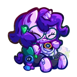 Size: 2728x2728 | Tagged: safe, artist:endercatcore, derpibooru import, oc, oc:artshine aura, unofficial characters only, original species, plush pony, pony, unicorn, glasses, gradient lineart, horn, hug, image, nonbinary oc, plushie, png, ponysona, portal (valve), portal 2, portal cores, simple background, sitting, solo, transparent background, unicorn oc, watermark