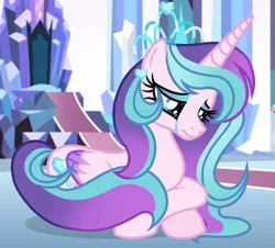 Size: 1349x1220 | Tagged: safe, artist:cstrawberrymilk, derpibooru import, oc, oc:crystal heart, alicorn, pony, crying, female, image, jpeg, lying down, mare, offspring, parent:princess cadance, parent:shining armor, parents:shiningcadance, prone, solo