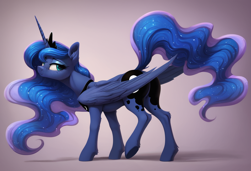 Size: 1216x832 | Tagged: safe, ai content, anonymous prompter, derpibooru import, machine learning generated, princess luna, alicorn, pony, g4, ear fluff, feathered wings, female, gradient background, image, mare, png, raised tail, side view, solo, tail, wings