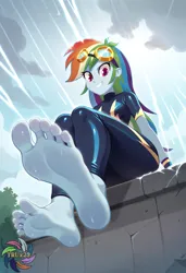 Size: 2496x3648 | Tagged: safe, ai content, derpibooru import, generator:civitai, machine learning generated, prompter:trux23, rainbow dash, pony, g4, feet, female, fetish, foot fetish, goggles, goggles on head, image, jpeg, looking at you, low angle, rain, sitting, soles, solo, solo female, storm, toes, wet