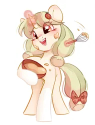 Size: 972x1280 | Tagged: safe, artist:melodylibris, derpibooru import, oc, unofficial characters only, pony, unicorn, art trade, batter, bow, bowl, cute, eye clipping through hair, female, food, glow, glowing horn, hoof hold, horn, image, jpeg, levitation, magic, mare, mixing bowl, ocbetes, open mouth, open smile, simple background, smiling, solo, tail, tail bow, telekinesis, whisk, white background