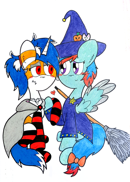 Size: 2119x2970 | Tagged: safe, artist:thunderrainbowshadow, derpibooru import, oc, oc:murky silentium, oc:watercolor (the coco clan), unofficial characters only, monster pony, pegasus, pony, unicorn, 2024, :3, art trade, blade, blades, blue mane, blue tail, blush sticker, blushing, bow, broom, c:, cape, catchlights, clothes, coat markings, colored, costume, cyan coat, duo, duo female, ear fluff, ears up, eyelashes, facial markings, fangs, female, female oc, flat colors, floating heart, friends with benefits, hairband, halloween, halloween costume, happy, hat, heart, high res, holiday, hooves, horn, image, lesbian, lidded eyes, looking at each other, looking at someone, magenta eyes, mane, mare, mare oc, mare on mare, no shading, oc x oc, older female, partial transformation, pegasus oc, pegasus wings, png, pony oc, pony on pony action, ponytail, quadrupedal, shipping, short mane, simple background, smiling, socks, spread wings, stripes, tail, tail bow, three quarter view, traditional art, two toned coat, two toned mane, two toned tail, unicorn oc, weapon, white background, white mane, white tail, wingblade, wings, witch costume, witch hat, younger female