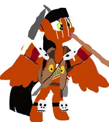 Size: 1280x1440 | Tagged: safe, ponerpics import, ponybooru import, ivory, ivory rook, oc, oc:diana claw, manticore, pegasus, pony, werewolf, 1000 hours in ms paint, arrow, assassin, assegai, bandolier, big game huntress, blowgun, boomerang, bow (weapon), darts, facial scar, fang pendent, huntress, image, kappa, knife, machete, mercenary, png, poacher, skull, social darwinist, spear, sword, tactical vest, trophy hunter, vambrace, weapon