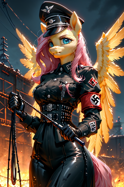 Size: 768x1152 | Tagged: grimdark, ai content, derpibooru import, machine learning generated, stable diffusion, fluttershy, anthro, pegasus, g4, armband, clothes, corset, gloves, hat, image, military uniform, nazi, nazi armband, nazi uniform, png, prompter:professordoctorc, swastika, uniform, whip