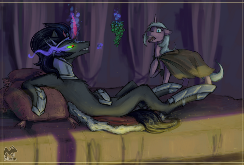 Size: 1280x869 | Tagged: safe, artist:afialtis, derpibooru import, idw, king sombra, radiant hope, pony, unicorn, g4, bed, cloak, clothes, curved horn, duo, female, food, grapes, hoof shoes, horn, image, magic, male, mare, png, reclining, sombra eyes, stallion, telekinesis