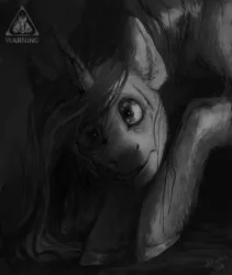 Size: 1842x2179 | Tagged: grimdark, artist:afialtis, derpibooru import, oc, unofficial characters only, pony, unicorn, black and white, female, grayscale, horn, image, infected, infection au, jpeg, mare, monochrome