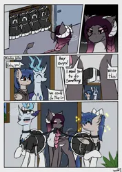 Size: 2893x4092 | Tagged: safe, artist:monycaalot, derpibooru import, oc, oc:arculus, oc:blueshade, oc:kylreiah, unofficial characters only, changeling, pegasus, :d, clothes, collar, comic, commission, dress, happy, horn, image, maid, open mouth, open smile, pegasus oc, png, shy, smiling, socks, wings