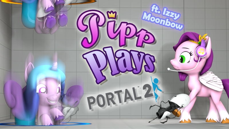 Size: 1920x1080 | Tagged: safe, artist:pika-robo, derpibooru import, izzy moonbow, pipp petals, pegasus, pony, unicorn, series:pipp plays, g4, g5, 3d, crossover, duo, fake thumbnail, female, g5 to g4, gamer izzy moonbow, gamer pipp, gaming headset, generation leap, grin, headset, hoof hold, horn, image, let's play, looking at someone, looking at you, mare, motion blur, png, portal, portal (valve), portal 2, portal gun, portals, smiling, source filmmaker, video game, wings, youtube thumbnail