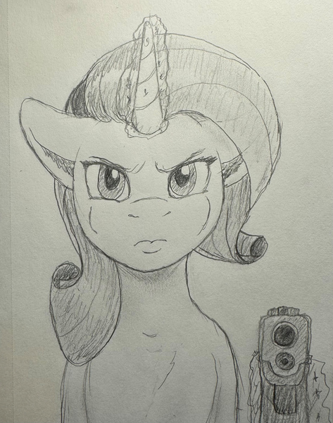 Size: 2399x3043 | Tagged: safe, artist:shirotanuki, derpibooru import, rarity, pony, unicorn, g4, glock, gun, handgun, horn, image, jpeg, pistol, pouting, solo, traditional art, weapon