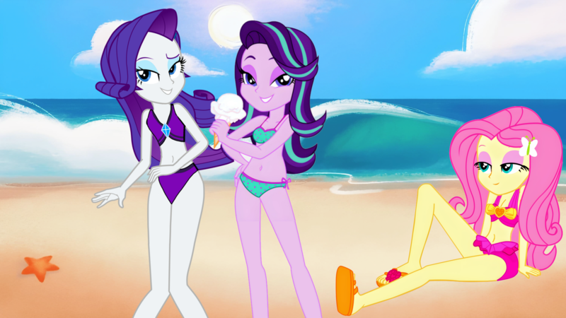 Size: 3000x1688 | Tagged: suggestive, artist:rosasmitt, derpibooru import, fluttershy, rarity, starlight glimmer, equestria girls, g4, beach, bikini, caption, charming, clothes, hot, image, image macro, png, seductive, sexy, spoilers for another series, swimsuit, swimsuit swap, text