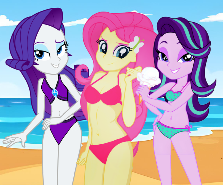 Size: 1138x944 | Tagged: suggestive, artist:rosasmitt, derpibooru import, fluttershy, rarity, starlight glimmer, equestria girls, g4, beach, bikini, caption, charming, clothes, hot, image, image macro, png, seductive, sexy, spoilers for another series, swimsuit, text