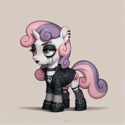 Size: 1080x1080 | Tagged: safe, ai content, derpibooru import, generator:autismmixpony, machine learning generated, prompter:mareujuana, sweetie belle, pony, unicorn, g4, belts, black lipstick, choker, clothes, ear piercing, eyelashes, eyeliner, female, filly, foal, goth, gothic lolita, heavy makeup, horn, image, jpeg, lipstick, lolita fashion, makeup, mascara, piercing, ripped stockings, running makeup, skirt, socks, stockings, thigh highs, torn clothes