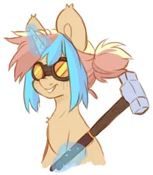 Size: 538x618 | Tagged: safe, artist:cheekipone, ponerpics import, oc, oc:star screw, unofficial characters only, pony, unicorn, female, goggles, hammer, horn, image, magic, mare, png, simple background, sledgehammer, smiling, solo, unicorn oc, white background