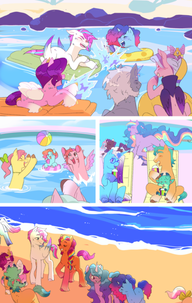 Size: 1219x1920 | Tagged: safe, artist:aztrial, derpibooru import, alphabittle (g5), hitch trailblazer, izzy moonbow, pipp petals, posey (g5), queen haven, sparky sparkeroni, sunny starscout, violette rainbow, zipp storm, dragon, earth pony, pegasus, pony, unicorn, g5, my little pony: tell your tale, spoiler:g5, spoiler:my little pony: tell your tale, spoiler:tyts02e23, applejack (g5), beach, beach ball, bow, braided ponytail, circlet, coat markings, comet (g5), comic, cup, dahlia (g5), drinking, drinking straw, floaty, fluttershy (g5), fun, happy, horn, image, inner tube, jazz hooves, jewelry, laughing, lounge chair, lying down, mane five, mane six (g5), mane stripe sunny, misty brightdawn, necklace, partially submerged, pinkie pie (g5), playing, png, rainbow dash (g5), rainbow power, rainbow power-ified, rarity (g5), rebirth misty, sand, sitting, smoothie, splashing, spread wings, swimming, tail bow, the water park, twilight sparkle (g5), water, wet, wet mane, windy (g5), wings