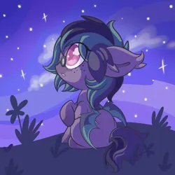 Size: 3000x3000 | Tagged: safe, artist:starlightlore, derpibooru import, oc, oc:pulse, unofficial characters only, bat pony, pony, bat pony oc, bat wings, female, filly, foal, glasses, image, night, png, solo, stars, wings