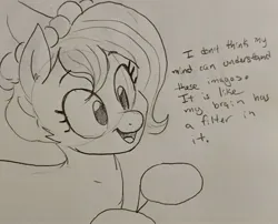 Size: 2680x2161 | Tagged: safe, artist:pony quarantine, derpibooru import, oc, oc:brownie bun, unofficial characters only, earth pony, pony, description is relevant, dialogue, female, grayscale, image, jpeg, mare, monochrome, open mouth, open smile, pencil drawing, smiling, solo, traditional art