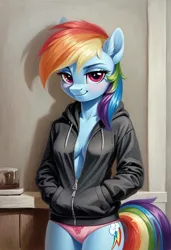 Size: 800x1169 | Tagged: safe, ai content, derpibooru import, generator:civitai, machine learning generated, prompter:nickdisneyfan78, stable diffusion, rainbow dash, anthro, pegasus, g4, braless, breasts, clothes, female, generator:pony diffusion v6 xl, hoodie, image, indoors, jpeg, looking at you, panties, solo, underwear