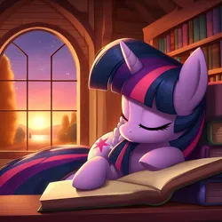 Size: 2048x2048 | Tagged: safe, ai content, derpibooru import, machine learning generated, twilight sparkle, twilight sparkle (alicorn), alicorn, pony, g4, book, bookhorse, bookshelf, image, library, png, prompter:ponaiart, sleeping, solo, sun, window