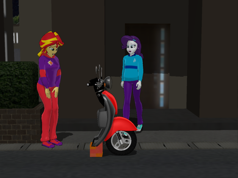 Size: 1024x768 | Tagged: safe, artist:ardoplasma41, derpibooru import, rarity, sunset shimmer, equestria girls, g4, 3d, brick, female, half, image, lesbian, lost, mmd, modular, motorcycle, night, png, scooter, shipping, stolen, story, story in the source, story included, sunsarity