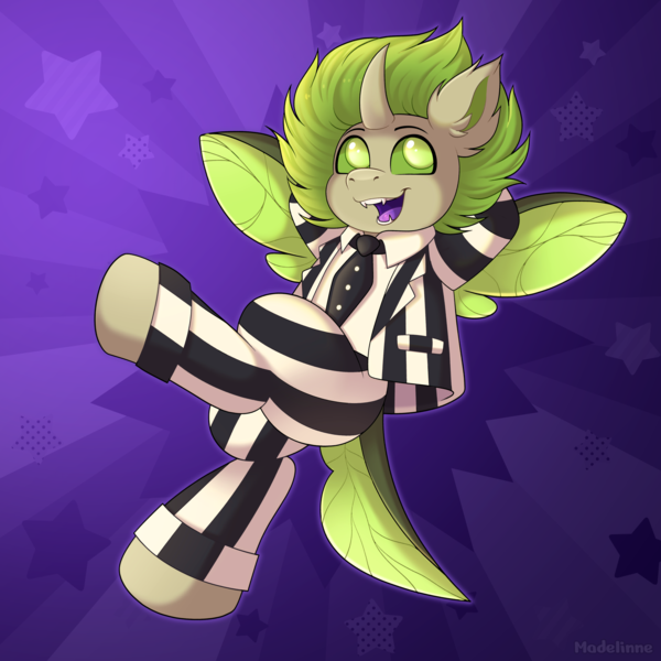 Size: 2700x2700 | Tagged: safe, artist:madelinne, derpibooru import, oc, oc:copycat, unofficial characters only, pony, beetlejuice, clothes, cosplay, costume, happy, image, male, png, solo, stallion