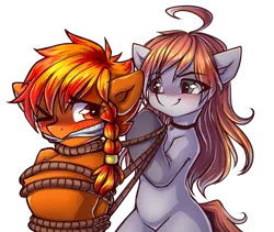 Size: 4164x3508 | Tagged: safe, alternate version, artist:chaosangeldesu, derpibooru import, oc, oc:flaming hoof, unofficial characters only, earth pony, pegasus, pony, blushing, bondage, commission, duo, duo female, female, gag, image, one eye closed, one eye open, png, rope, rope bondage, sketch