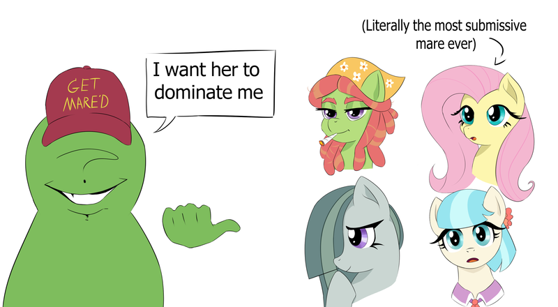 Size: 2577x1418 | Tagged: safe, artist:lillslim, derpibooru import, coco pommel, fluttershy, marble pie, tree hugger, oc, oc:anon, ponified, earth pony, pegasus, pony, g4, accessory, cap, dialogue, drawthread, drugs, female, hat, image, joint, lidded eyes, looking at you, mare, marijuana, meme, png, ponified meme, requested art, smiling, smiling at you, speech bubble, text