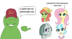 Size: 2577x1418 | Tagged: safe, artist:lillslim, derpibooru import, coco pommel, fluttershy, marble pie, tree hugger, oc, oc:anon, ponified, earth pony, pegasus, pony, g4, accessory, cap, dialogue, drawthread, drugs, female, hat, image, joint, lidded eyes, looking at you, mare, marijuana, meme, png, ponified meme, requested art, smiling, smiling at you, speech bubble, text