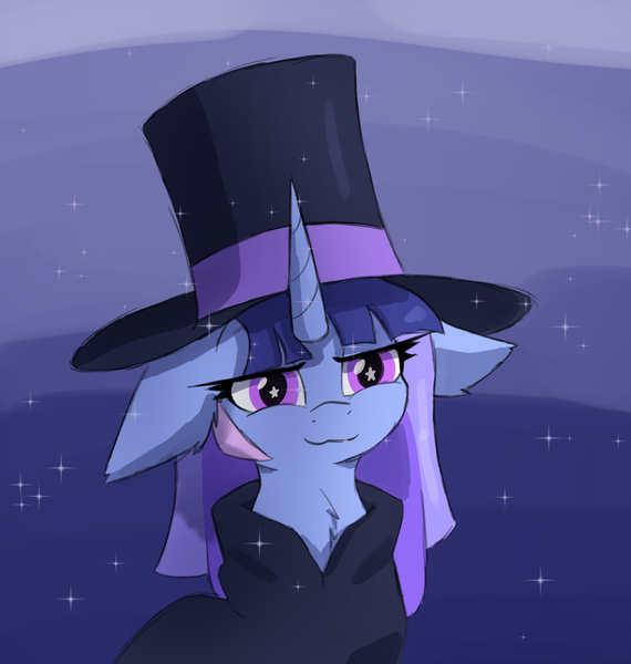 Size: 1684x1772 | Tagged: safe, derpibooru import, oc, oc:flawless sparklemoon, unofficial characters only, pony, unicorn, cloak, clothes, evil grin, female, fusion, fusion:trixie, fusion:twilight sparkle, fusion:twixie, grin, hat, horn, image, looking at you, magician outfit, my little pony the movie: the death of twilight sparkle, png, simple background, smiling, solo, solo female, starry eyes, top hat, unicorn oc, wingding eyes