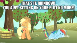 Size: 888x499 | Tagged: safe, derpibooru import, edit, edited screencap, screencap, applejack, rainbow dash, earth pony, pegasus, pony, g4, grannies gone wild, apple, apple orchard, apple tree, basket, butt, caption, duo, duo female, falling, female, food, gritted teeth, image, image macro, jpeg, lasso, literal butthurt, mare, meme, mouth hold, orchard, pain, plot, rope, smack, spread wings, sweet apple acres, teeth, text, that's gotta hurt, this is going to hurt, this will end in pain, tree, wings