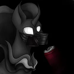 Size: 3000x3000 | Tagged: safe, artist:darklight1315, derpibooru import, pony of shadows, shadow lock, fallout equestria, g4, black background, drink, energy drink, fallout equestria: mayday, glow, glowing eyes, image, png, respirator, simple background, solo