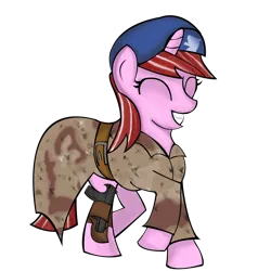 Size: 1280x1281 | Tagged: safe, artist:raritykaiba, derpibooru import, oc, oc:desert rose (viva las pegasus), unofficial characters only, pony, unicorn, fallout equestria, fallout equestria: viva las pegasus, belt, beret, cloak, clothes, eyes closed, fanfic art, female, female oc, filly, filly oc, foal, gun, handgun, hat, holster, horn, image, pistol, png, raised hoof, simple background, smiling, solo, transparent background, two toned mane, unicorn oc, weapon