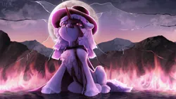 Size: 3840x2160 | Tagged: semi-grimdark, artist:unt3n, derpibooru import, oc, oc:flawless sparklemoon, unofficial characters only, pony, unicorn, blood, blood on face, female, fire, fusion, fusion:trixie, fusion:twilight sparkle, fusion:twixie, hat, horn, image, mare, my little pony the movie: the death of twilight sparkle, png, solo, solo female