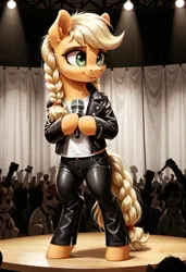 Size: 800x1169 | Tagged: safe, ai content, derpibooru import, machine learning generated, prompter:gregorymars, stable diffusion, applejack, pony, semi-anthro, g4, 8 mile, bipedal, braid, clothes, crowd, female, generator:pony diffusion v6 xl, image, indoors, jacket, jpeg, leather, leather jacket, leather pants, mare, microphone, pants, rap battle, solo, stage, standing