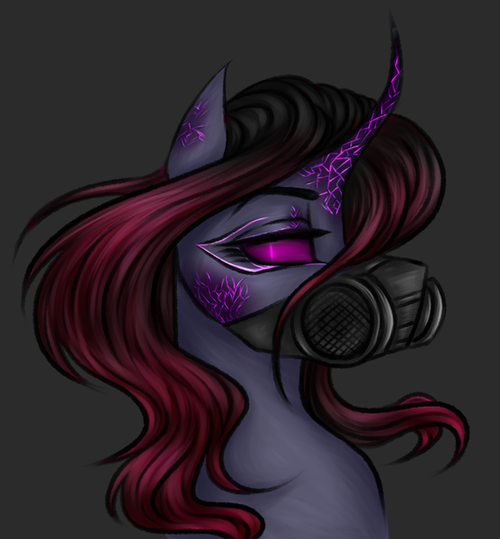 Size: 2049x2210 | Tagged: safe, artist:darklight1315, derpibooru import, pony of shadows, oc, oc:shard, unofficial characters only, pony, unicorn, fallout equestria, g4, fallout equestria: mayday, glow, glowing eyes, horn, image, png, respirator, solo