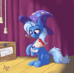 Size: 1950x1944 | Tagged: safe, artist:raritymylove, derpibooru import, trixie, pony, unicorn, g4, backstage, bipedal, bouquet, clothes, crate, curtains, derpibooru exclusive, flower, hat, herbivore, horn, image, png, rose, solo, text, trixie's hat