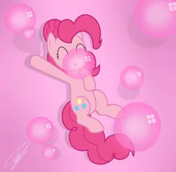 Size: 900x878 | Tagged: dead source, safe, artist:mlpfim135, derpibooru import, pinkie pie, earth pony, pony, blowing bubblegum, bubblegum, cute, diapinkes, food, gum, image, jpeg, pink background, simple background, solo