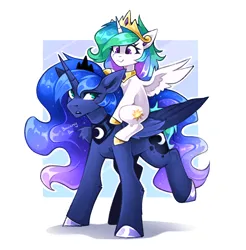 Size: 2462x2500 | Tagged: safe, artist:buvanybu, derpibooru import, princess celestia, princess luna, alicorn, pony, g4, cewestia, cute, cutelestia, duo, female, filly, image, mare, png, ponies riding ponies, raised leg, riding, sitting, size difference, spread wings, wings, younger