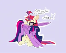 Size: 2048x1655 | Tagged: safe, artist:buff_fluttershy, derpibooru import, moondancer, twilight sparkle, twilight sparkle (alicorn), alicorn, pony, unicorn, g4, blushing, colored wings, eyes closed, female, horn, image, inconvenient, jpeg, mare, spread wings, stretching, two toned wings, wings