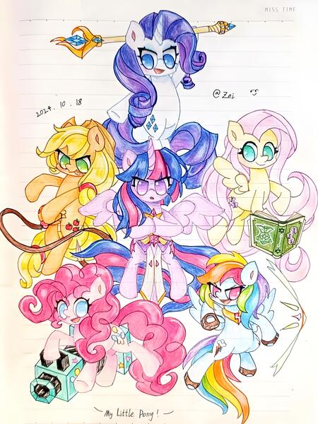 Size: 3552x4736 | Tagged: safe, artist:肝到驾崩, derpibooru import, applejack, fluttershy, pinkie pie, rainbow dash, rarity, twilight sparkle, image, jpeg, lined paper, mlp fim's fourteenth anniversary, traditional art, weapon