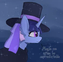 Size: 1920x1902 | Tagged: safe, artist:naza, derpibooru import, oc, oc:flawless sparklemoon, pony, unicorn, cloak, clothes, fusion, fusion:trixie, fusion:twilight sparkle, fusion:twixie, hat, horn, image, looking forward, magician outfit, my little pony the movie: the death of twilight sparkle, png, simple background, solo, text, top hat