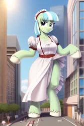 Size: 512x768 | Tagged: safe, ai content, derpibooru import, machine learning generated, novelai, stable diffusion, coco pommel, earth pony, pony, semi-anthro, g4, artificial intelligence, city, clothes, female, giant pony, giantess, image, macro, maid, maid headdress, png, solo, standing, standing on two hooves