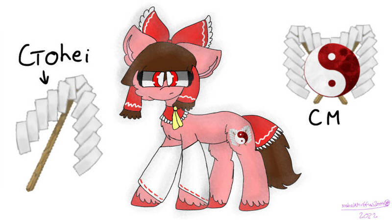 Size: 828x465 | Tagged: safe, artist:nebulamuffins2004, derpibooru import, ponified, earth pony, pony, bow, female, gohei, hakurei reimu, image, jpeg, mare, miko, simple background, touhou, white background, yin-yang