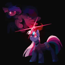 Size: 2450x2450 | Tagged: safe, artist:danvo, derpibooru import, oc, oc:danvoolka, oc:scarlett moonlight, unofficial characters only, pegasus, pony, unicorn, black background, digital art, dithering, female, female oc, glow, glowing horn, horn, image, magic, male, male oc, pegasus oc, piercing, pixel art, png, simple background, sparkles, unicorn oc, wings