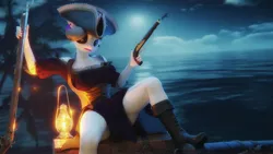 Size: 3840x2160 | Tagged: suggestive, artist:artempredator, ponerpics import, oc, oc:hazel radiate, unofficial characters only, anthro, 3d, boots, breasts, clothes, female, halloween, hat, holiday, image, jpeg, pirate, pirate hat, prop gun, shoes, sitting