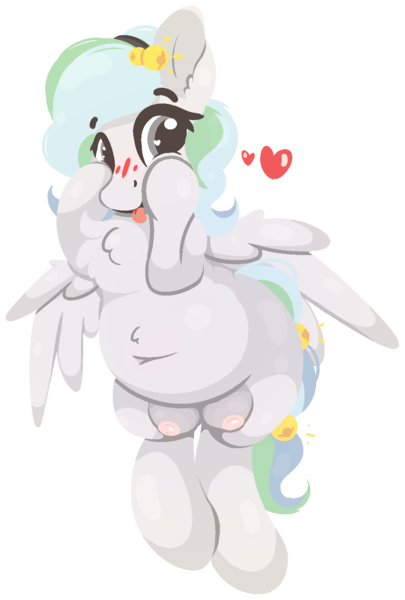 Size: 1048x1553 | Tagged: questionable, artist:rhythmpixel, derpibooru import, oc, oc:river chime, unofficial characters only, pegasus, pony, bells, belly, blushing, chubby, crotchboobs, female, heart, heart eyes, image, lineless, mare, nudity, png, simple background, solo, transparent background, wingding eyes