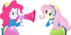 Size: 4476x2220 | Tagged: safe, derpibooru import, edit, edited screencap, editor:mrtoonlover83, screencap, fluttershy, pinkie pie, human, equestria girls, g4, background removed, duo, duo female, female, image, megaphone, not a vector, png, wondercolt ears, wondercolts uniform