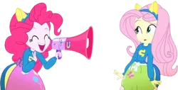 Size: 4476x2271 | Tagged: safe, derpibooru import, edit, edited screencap, editor:mrtoonlover83, screencap, fluttershy, pinkie pie, equestria girls, g4, background removed, duo, duo female, female, image, megaphone, not a vector, png, simple background, transparent background, wondercolt ears, wondercolts uniform