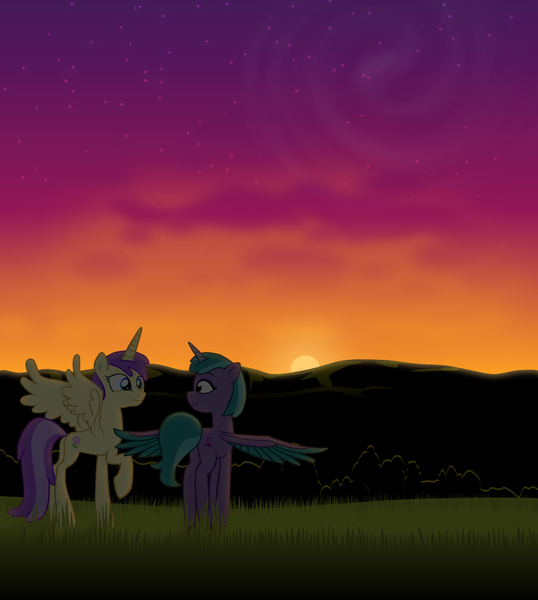 Size: 1988x2218 | Tagged: safe, artist:equestriaexploration, derpibooru import, alula, pluto, princess erroria, pony, g5, 4chan, image, older, png, shiny sparks, sunset