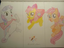 Size: 4192x3144 | Tagged: safe, artist:canterlot_artwork, derpibooru import, apple bloom, scootaloo, sweetie belle, earth pony, pegasus, pony, unicorn, g4, one bad apple, cape, clothes, cutie mark crusaders, horn, image, jpeg, jumping, traditional art